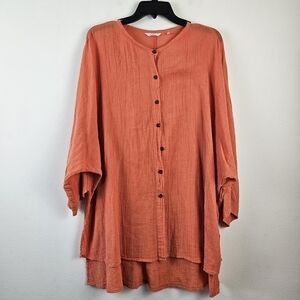 Kleen Cotton Gauzy Dolman Sleeves tunic Top Large Lagenlook Orange